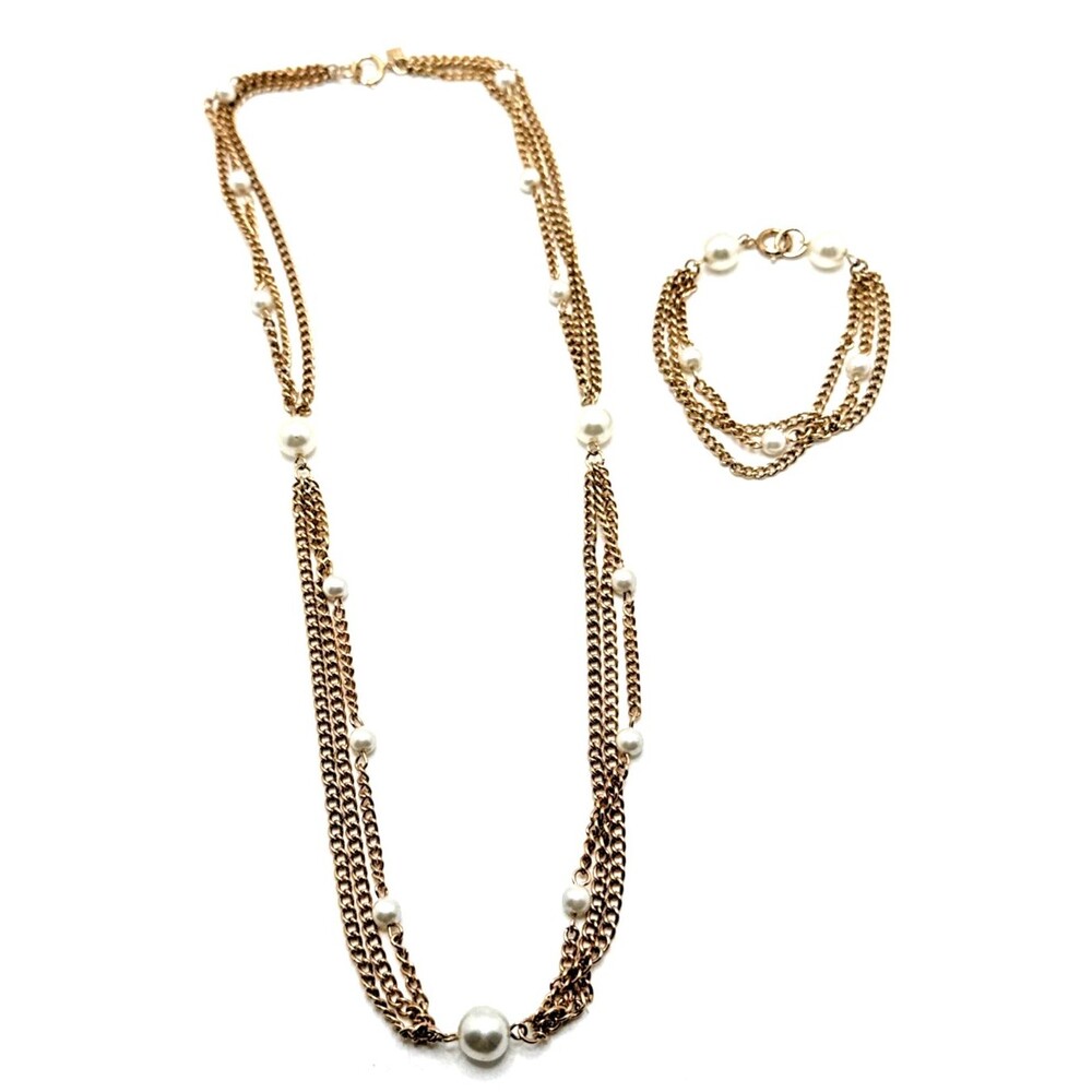 Vtg 1970s Emmons SCENARIO Faux Pearl Gold Tone Multi Chain Necklace Bracelet Set